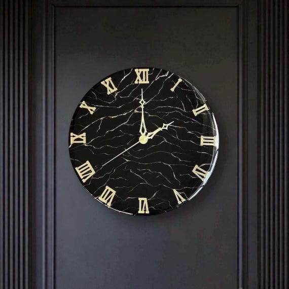 Black wall clock, 16 inch marble effect resin clock, gold accents, silent quartz