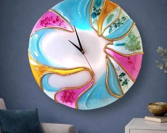 Large Blue Gold Abstract Resin Wall Clock, 20 Inch Sculptural Statement Art