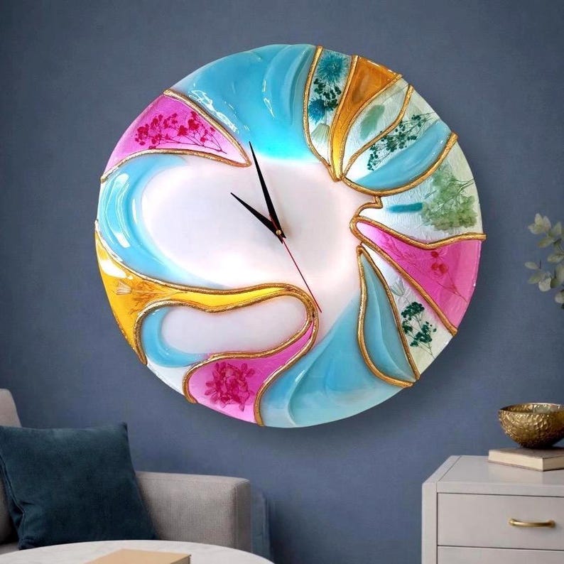 Large Blue Gold Abstract Resin Wall Clock, 20 Inch Sculptural Statement Art