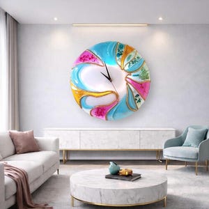 Large Blue Gold Abstract Resin Wall Clock, 20 Inch Sculptural Statement Art image 7