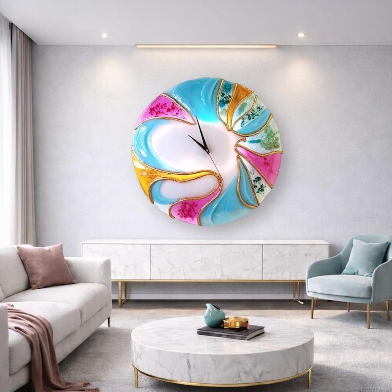Large Blue Gold Abstract Resin Wall Clock, 20 Inch Sculptural Statement Art image 7