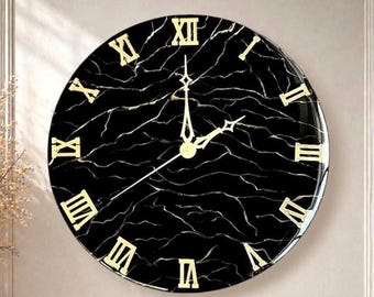 16 Inch Black Marble Resin Wall Clock, Gold Roman Numerals, Silent Quartz Movement