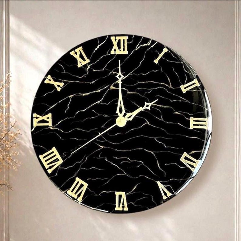16 Inch Black Marble Resin Wall Clock, Gold Roman Numerals, Silent Quartz Movement