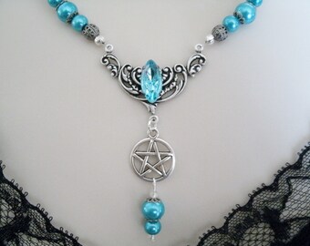 Blue Pentacle Necklace wiccan jewelry pagan jewelry wicca jewelry goddess witch witchcraft pentagram magic wiccan necklace pagan necklace