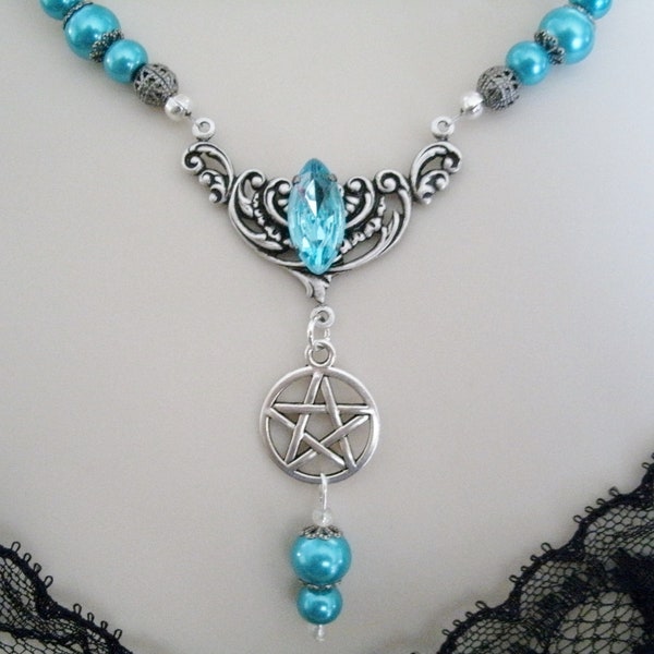 Blue Pentacle Necklace wiccan jewelry pagan jewelry wicca jewelry goddess witch witchcraft pentagram magic wiccan necklace pagan necklace