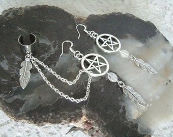 Moonstone Pentacle Earrings, wiccan jewelry pagan jewelry witch jewelry goddess wicca witchcraft metaphysical pagan earrings wiccan earrings