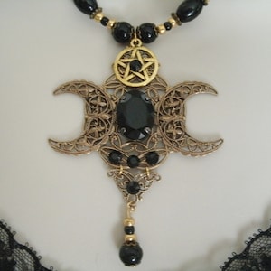 Triple Moon Pentacle Necklace wiccan jewelry pagan jewelry wicca jewelry goddess witch witchcraft pentagram gothic necklace wiccan necklace