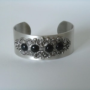 Black Onyx Cuff Bracelet Silver Art Nouveau Victorian Jewelry Art Deco Renaissance Gothic Edwardian Wedding