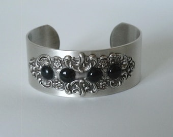 Black Onyx Cuff Bracelet Silver Art Nouveau Victorian Jewelry Art Deco Renaissance Gothic Edwardian Wedding