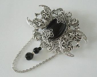 Black Onyx Triple Moon Brooch wiccan jewelry pagan jewelry wicca jewelry goddess witch witchcraft gothic brooch pagan brooch cloak pin