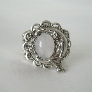Goddess On Crescent Moon Ring rose quartz wiccan jewelry pagan jewelry goddess jewelry wicca witch witchcraft metaphysical magic pagan ring