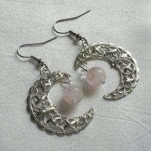 Rose Quartz Crescent Moon Earrings wiccan jewelry pagan jewelry wicca jewelry goddess witch wicca earrings wiccan earrings pagan earrings