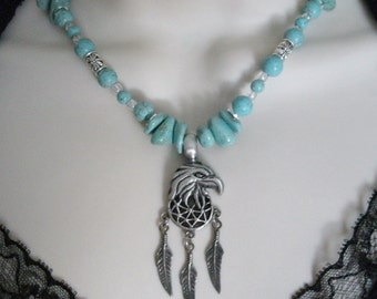 Collier Tribal Amérindien Aigle & Turquoise - Acier Titane - Style Vintage - Unisexe - 60 Cm - 2
