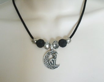 Cat On Crescent Moon Pentacle Necklace wiccan jewelry pagan jewelry wicca jewelry witch witchcraft gothic necklace pagan necklace gift