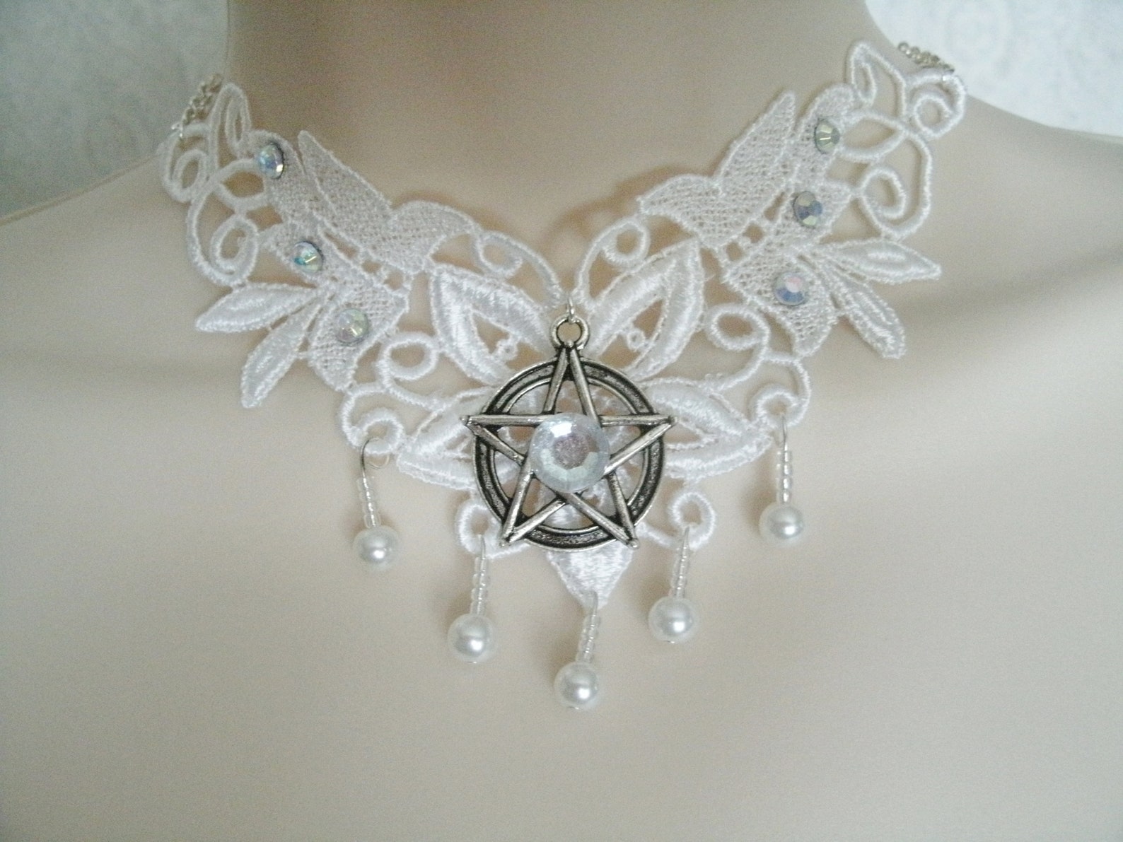 White Lace Pentacle Choker Necklace Wiccan Pagan Jewelry Wicca Witch ...