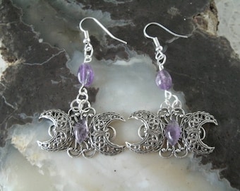 Triple Moon Earrings Purple Amethyst Gemstone Silver Filigree Goddess Wicca Priestess Witch Pagan Wiccan Witchcraft