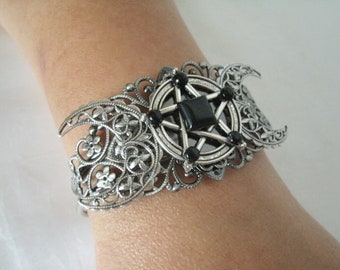 Obsidian Triple Moon Pentacle Bracelet wiccan jewelry pagan jewelry wicca jewelry gothic witch witchcraft pentagram bracelet wiccan bracelet