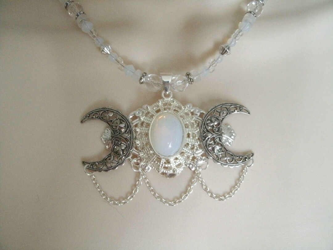 White Opal Triple Moon Goddess Necklace Wiccan Jewelry Pagan Jewelry ...