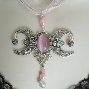 Pink Triple Moon Goddess Necklace Wiccan Jewelry Pagan Jewelry Wicca Priestess Witchcraft White Witch Celtic Wiccan Necklace Witchy Gift