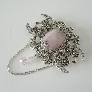 Rose Quartz Triple Moon Brooch wiccan jewelry pagan jewelry goddess jewelry wicca witch witchcraft pagan brooch cloak pin metaphysical
