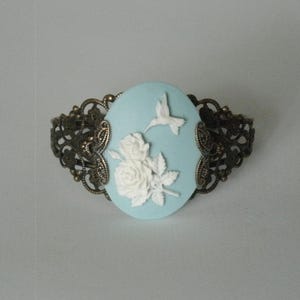 Blue Hummingbird Cameo Antiqued Brass Cuff Bracelet, Nature Bird Lovers