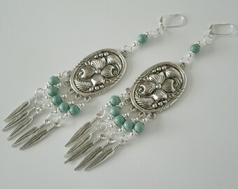 Turquoise Earrings, Dangle Feather Flower, Southwestern Southwest Western Cowgirl Wedding Boho Bohemian Jewelry