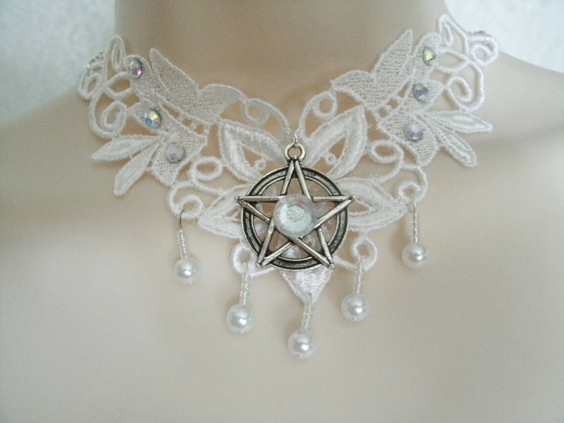 White Lace Pentacle Choker Necklace Wiccan Pagan Jewelry Wicca Witch ...