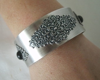 Onyx Bracelet Silver Cuff Art Nouveau Jewelry Victorian Jewelry Medieval Renaissance Art Deco Moroccan Gothic Victorian Bracelet Gift