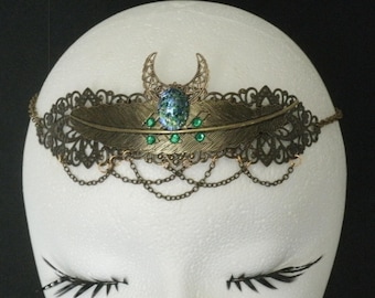 Green Opal Crescent Moon Circlet Brass Leaf Renaissance Medieval Elven Celtic Fairy Headpiece Crown