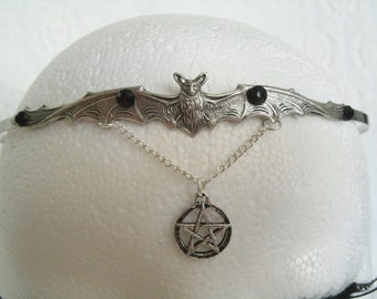 Bat Pentacle Circlet, wiccan jewelry pagan jewelry wicca jewelry witchcraft witch circlet pentagram headpiece gothic circlet halloween magic