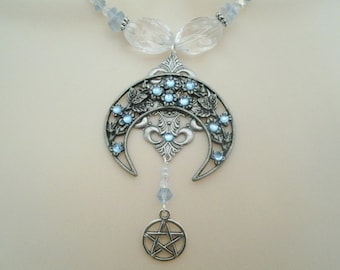 Crescent Moon Pentacle Necklace, wiccan jewelry pagan jewelry wicca jewelry witch witchcraft pentagram pagan necklace wiccan necklace magic