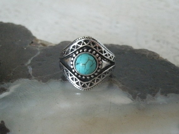 Hand Stamped Sterling Silver Southwest Turquoise Ring - Ruby Lane
