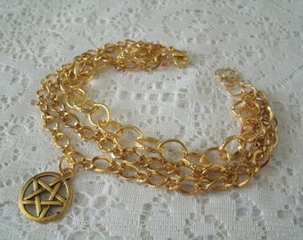 Pentacle Bracelet Brass Triple Chains Wiccan Pagan Wicca Priestess Witch Witchcraft Magical Goddess Gothic