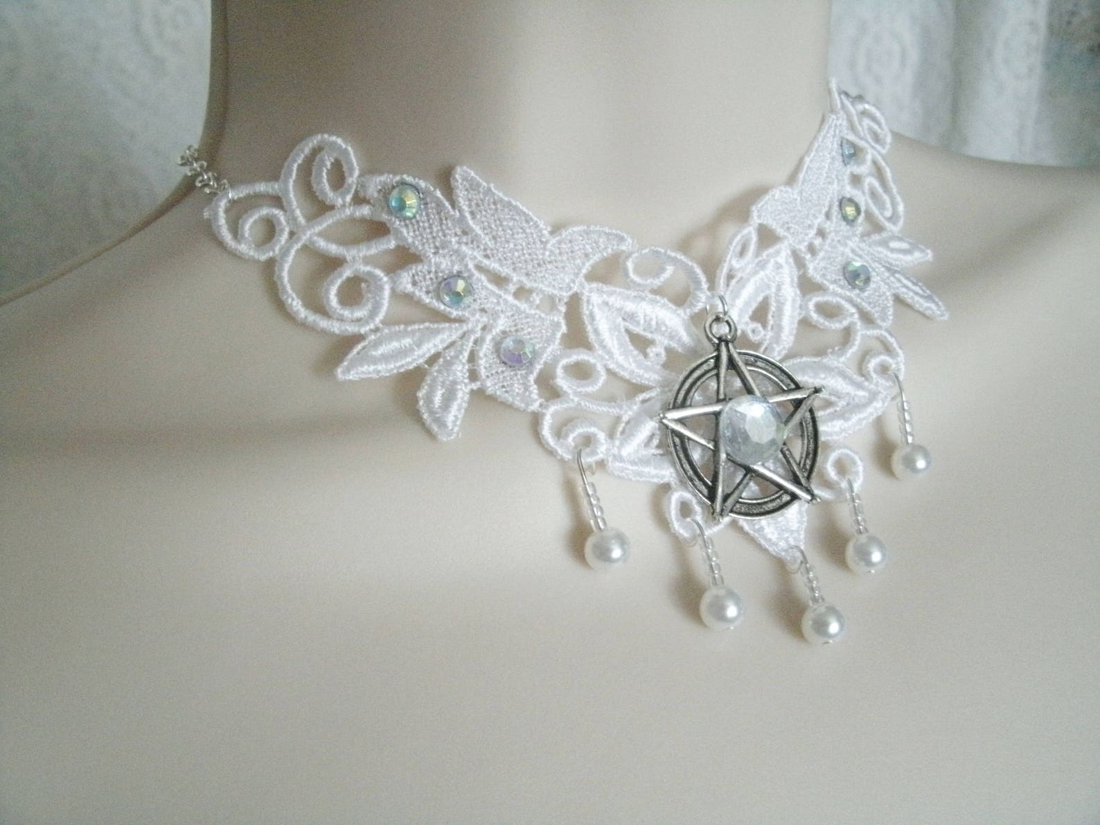 White Lace Pentacle Choker Necklace Wiccan Pagan Jewelry Wicca Witch ...