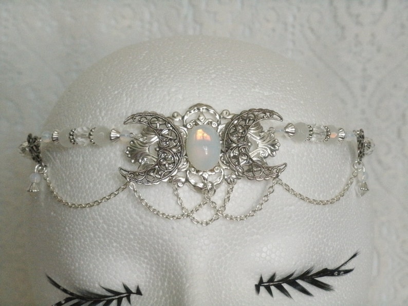 Triple Moon Goddess Opalite Circlet, wiccan jewelry pagan jewelry wicca jewelry witch witchcraft handfasting circlet pagan circlet headpiece image 3