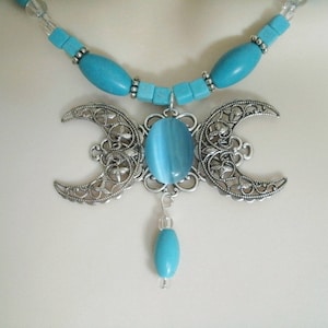 Turquoise Triple Moon Goddess Necklace Wiccan Pagan Jewelry Crescent wicca Priestess witchcraft Gothic Witch Wiccan Necklace Pagan Necklace