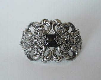 Black Onyx Bracelet Silver Filigree Art Nouveau Deco Victorian Renaissance Gothic Wedding Edwardian