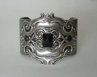 Black Onyx Bracelet Silver Cuff Art Nouveau Deco Victorian Renaissance Gothic Edwardian Jewelry