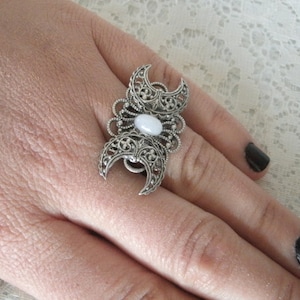 Moonstone Triple Moon Goddess Ring Wiccan Pagan Jewelry Wicca Priestess White Witch Witchcraft Pagan Ring Wiccan Ring Witchy Woman Gift