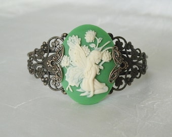 Green Fairy Bracelet Brass Cuff Victorian Fairy Jewelry Renaissance Elven Celtic Art Nouveau Fantasy