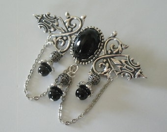 Black Onyx Brooch Silver Cloak Pin Gothic Victorian Art Nouveau Deco Edwardian Renaissance Jewelry