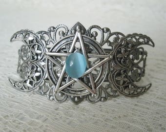 Triple Moon Pentacle Cuff Bracelet wiccan jewelry pagan jewelry wicca jewelry goddess bracelet witch witchcraft gothic wiccan bracelet
