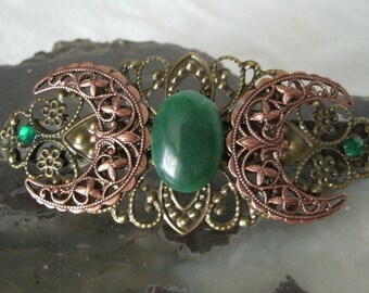 Green Agate Triple Moon Barrette copper wiccan jewelry pagan jewelry goddess jewelry wicca witch witchcraft priestess pagan barrette celtic