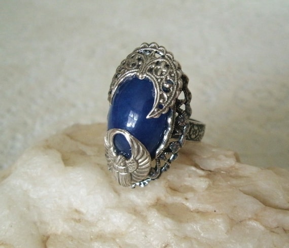 Bague Art Déco En Lapis-lazuli & Argent 925 - Taille 7 - Vintage Personnalisée