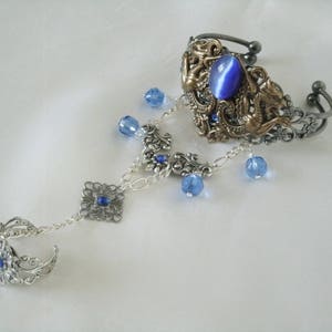 Blue Dragon Hand Chain Bracelet Gothic Jewelry Medieval Silver Filigree Renaissance Art Nouveau Fantasy Art Deco Slave Bracelet Gift For Her