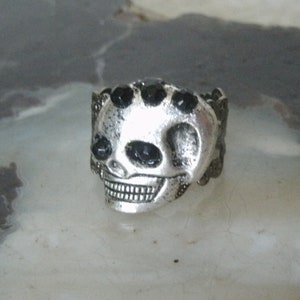 May include: A silver skull ring with black gem accents. The skull has a detailed design and is set on a silver band.