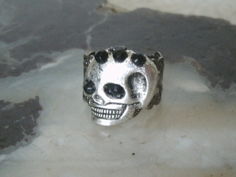 May include: A silver skull ring with black gem accents. The skull has a detailed design and is set on a silver band.