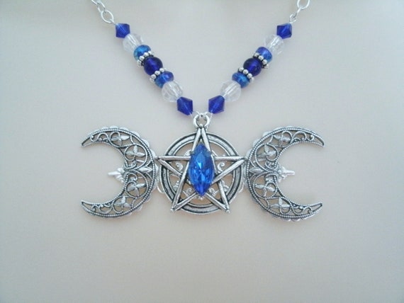 Triple Moon Pentacle Necklace wiccan jewelry pagan jewelry witch jewelry goddess witchcraft pentagram magic wicca necklace pagan necklace