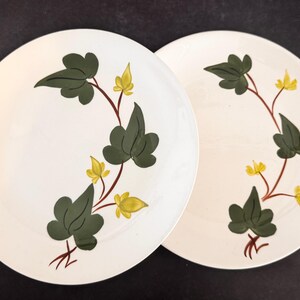 May include: Two white ceramic plates with a decorative floral design. The plates feature a dark green leaf and yellow flower pattern on a brown stem. The plates are set against a dark background.