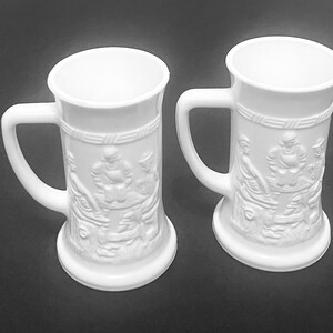 Federal Milk Glass Beer Steins D Handle Mugs Tavern Scene White Set of Two
